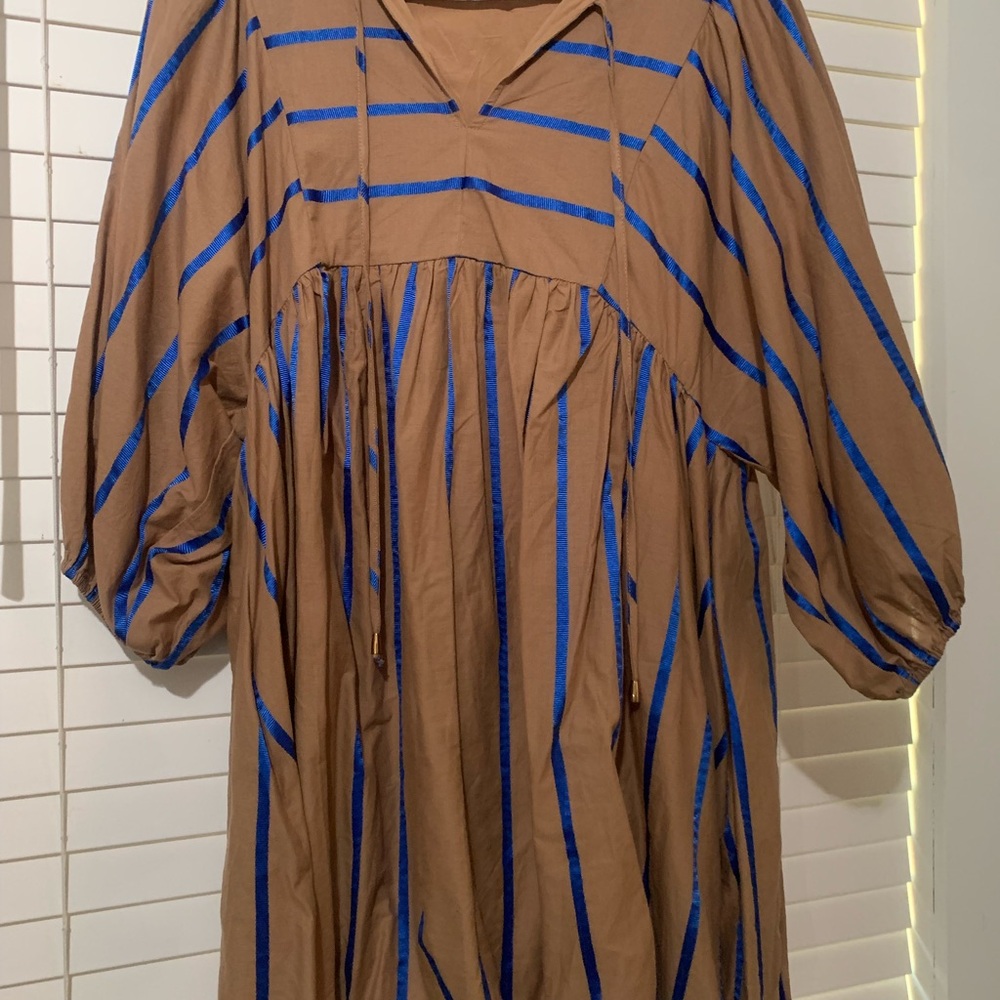 Brown Dress with Blue Stripe Detail